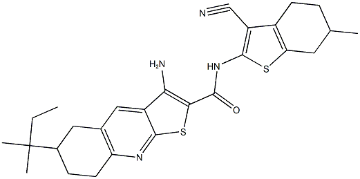 3-amino-N-(3-cyano-6-methyl-4,5,6,7-tetrahydro-1-benzothien-2-yl)-6-tert-pentyl-5,6,7,8-tetrahydrothieno[2,3-b]quinoline-2-carboxamide 结构式