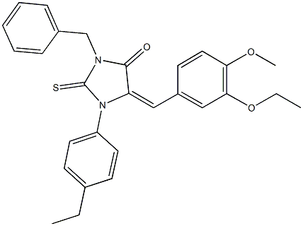 3-benzyl-5-(3-ethoxy-4-methoxybenzylidene)-1-(4-ethylphenyl)-2-thioxo-4-imidazolidinone 结构式