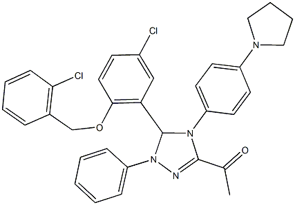 1-{5-{5-chloro-2-[(2-chlorobenzyl)oxy]phenyl}-1-phenyl-4-[4-(1-pyrrolidinyl)phenyl]-4,5-dihydro-1H-1,2,4-triazol-3-yl}ethanone 结构式