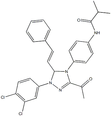 N-{4-[3-acetyl-1-(3,4-dichlorophenyl)-5-(2-phenylvinyl)-1,5-dihydro-4H-1,2,4-triazol-4-yl]phenyl}-2-methylpropanamide 结构式