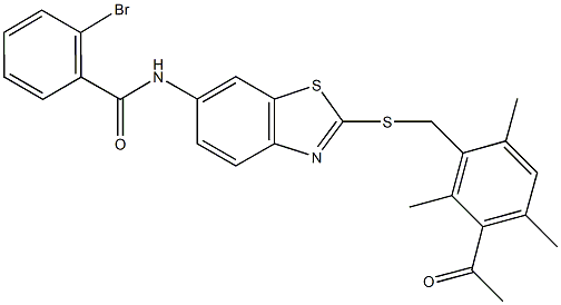 N-{2-[(3-acetyl-2,4,6-trimethylbenzyl)sulfanyl]-1,3-benzothiazol-6-yl}-2-bromobenzamide 结构式