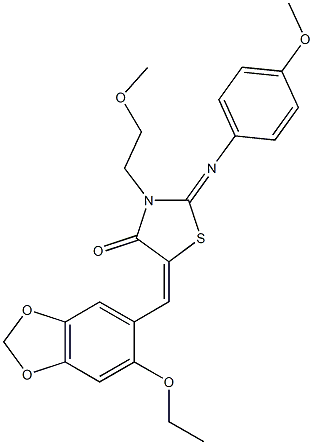 5-[(6-ethoxy-1,3-benzodioxol-5-yl)methylene]-3-(2-methoxyethyl)-2-[(4-methoxyphenyl)imino]-1,3-thiazolidin-4-one 结构式