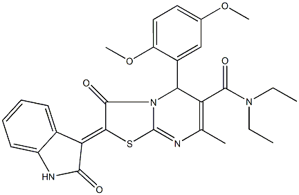 5-(2,5-dimethoxyphenyl)-N,N-diethyl-7-methyl-3-oxo-2-(2-oxo-1,2-dihydro-3H-indol-3-ylidene)-2,3-dihydro-5H-[1,3]thiazolo[3,2-a]pyrimidine-6-carboxamide 结构式