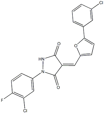 1-(3-chloro-4-fluorophenyl)-4-{[5-(3-chlorophenyl)-2-furyl]methylene}-3,5-pyrazolidinedione 结构式