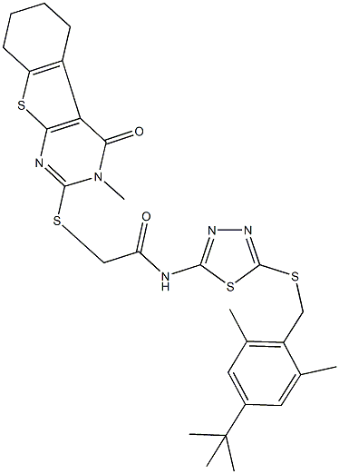 N-{5-[(4-tert-butyl-2,6-dimethylbenzyl)sulfanyl]-1,3,4-thiadiazol-2-yl}-2-[(3-methyl-4-oxo-3,4,5,6,7,8-hexahydro[1]benzothieno[2,3-d]pyrimidin-2-yl)sulfanyl]acetamide 结构式