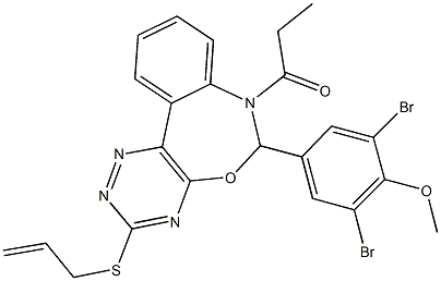 4-[3-(allylsulfanyl)-7-propionyl-6,7-dihydro[1,2,4]triazino[5,6-d][3,1]benzoxazepin-6-yl]-2,6-dibromophenyl methyl ether 结构式