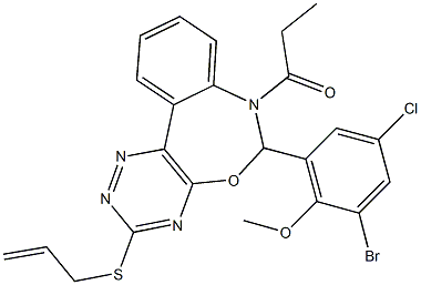 3-(allylsulfanyl)-6-(3-bromo-5-chloro-2-methoxyphenyl)-7-propionyl-6,7-dihydro[1,2,4]triazino[5,6-d][3,1]benzoxazepine 结构式