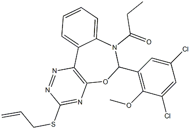 2-[3-(allylsulfanyl)-7-propionyl-6,7-dihydro[1,2,4]triazino[5,6-d][3,1]benzoxazepin-6-yl]-4,6-dichlorophenyl methyl ether 结构式