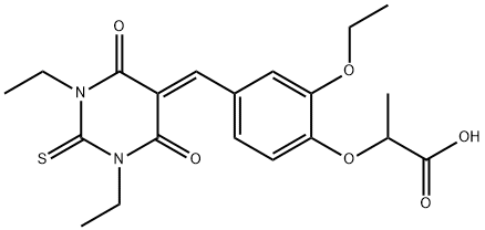 2-{4-[(1,3-diethyl-4,6-dioxo-2-thioxotetrahydropyrimidin-5(2H)-ylidene)methyl]-2-ethoxyphenoxy}propanoic acid 结构式