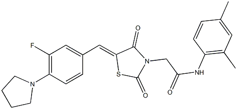 N-(2,4-dimethylphenyl)-2-{5-[3-fluoro-4-(1-pyrrolidinyl)benzylidene]-2,4-dioxo-1,3-thiazolidin-3-yl}acetamide 结构式