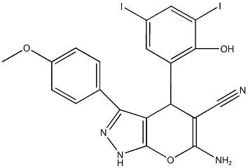 6-amino-4-(2-hydroxy-3,5-diiodophenyl)-3-(4-methoxyphenyl)-1,4-dihydropyrano[2,3-c]pyrazole-5-carbonitrile 结构式