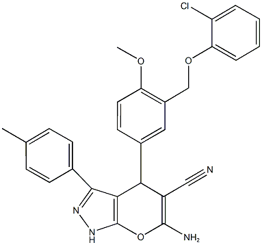 6-amino-4-{3-[(2-chlorophenoxy)methyl]-4-methoxyphenyl}-3-(4-methylphenyl)-1,4-dihydropyrano[2,3-c]pyrazole-5-carbonitrile 结构式