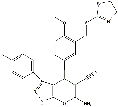 6-amino-4-{3-[(4,5-dihydro-1,3-thiazol-2-ylsulfanyl)methyl]-4-methoxyphenyl}-3-(4-methylphenyl)-1,4-dihydropyrano[2,3-c]pyrazole-5-carbonitrile 结构式