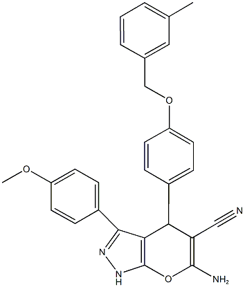 6-amino-3-(4-methoxyphenyl)-4-{4-[(3-methylbenzyl)oxy]phenyl}-1,4-dihydropyrano[2,3-c]pyrazole-5-carbonitrile 结构式