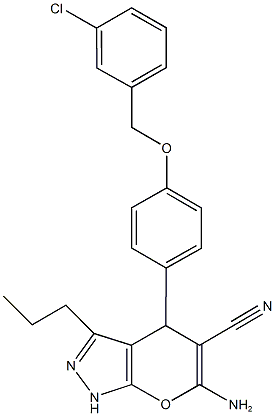 6-amino-4-{4-[(3-chlorobenzyl)oxy]phenyl}-3-propyl-1,4-dihydropyrano[2,3-c]pyrazole-5-carbonitrile 结构式