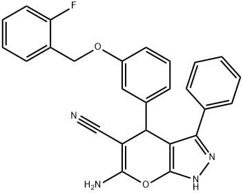 6-amino-4-{3-[(2-fluorobenzyl)oxy]phenyl}-3-phenyl-1,4-dihydropyrano[2,3-c]pyrazole-5-carbonitrile 结构式