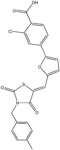 2-chloro-4-(5-{[3-(4-methylbenzyl)-2,4-dioxo-1,3-thiazolidin-5-ylidene]methyl}-2-furyl)benzoic acid 结构式