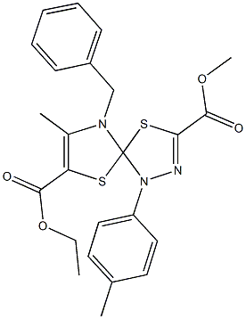 7-ethyl 3-methyl 9-benzyl-8-methyl-1-(4-methylphenyl)-4,6-dithia-1,2,9-triazaspiro[4.4]nona-2,7-diene-3,7-dicarboxylate 结构式