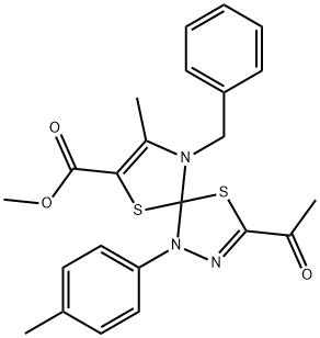 methyl 3-acetyl-9-benzyl-8-methyl-1-(4-methylphenyl)-4,6-dithia-1,2,9-triazaspiro[4.4]nona-2,7-diene-7-carboxylate 结构式