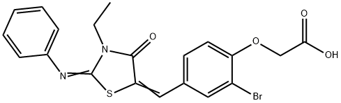 (2-bromo-4-{[3-ethyl-4-oxo-2-(phenylimino)-1,3-thiazolidin-5-ylidene]methyl}phenoxy)acetic acid 结构式