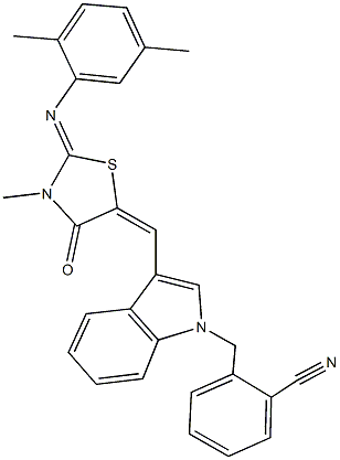 2-{[3-({2-[(2,5-dimethylphenyl)imino]-3-methyl-4-oxo-1,3-thiazolidin-5-ylidene}methyl)-1H-indol-1-yl]methyl}benzonitrile 结构式