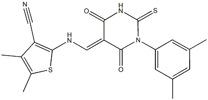 2-{[(1-(3,5-dimethylphenyl)-4,6-dioxo-2-thioxotetrahydro-5(2H)-pyrimidinylidene)methyl]amino}-4,5-dimethyl-3-thiophenecarbonitrile 结构式