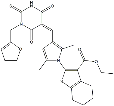 ethyl 2-{3-[(1-(2-furylmethyl)-4,6-dioxo-2-thioxotetrahydropyrimidin-5(2H)-ylidene)methyl]-2,5-dimethyl-1H-pyrrol-1-yl}-4,5,6,7-tetrahydro-1-benzothiophene-3-carboxylate 结构式