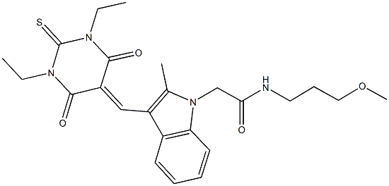 2-{3-[(1,3-diethyl-4,6-dioxo-2-thioxotetrahydro-5(2H)-pyrimidinylidene)methyl]-2-methyl-1H-indol-1-yl}-N-(3-methoxypropyl)acetamide 结构式