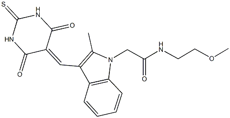 2-{3-[(4,6-dioxo-2-thioxotetrahydro-5(2H)-pyrimidinylidene)methyl]-2-methyl-1H-indol-1-yl}-N-(2-methoxyethyl)acetamide 结构式