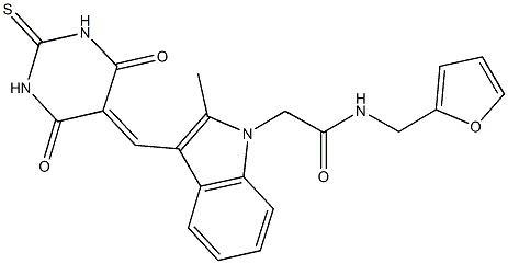 2-{3-[(4,6-dioxo-2-thioxotetrahydro-5(2H)-pyrimidinylidene)methyl]-2-methyl-1H-indol-1-yl}-N-(2-furylmethyl)acetamide 结构式