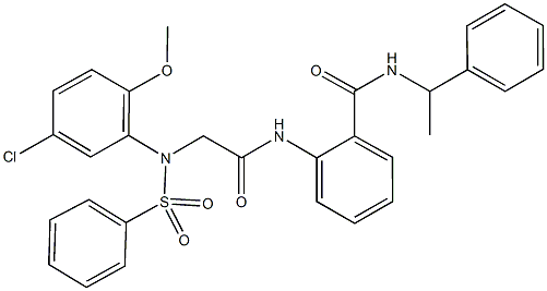 2-({[5-chloro-2-methoxy(phenylsulfonyl)anilino]acetyl}amino)-N-(1-phenylethyl)benzamide 结构式
