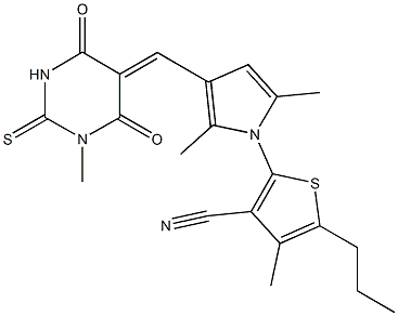 2-{2,5-dimethyl-3-[(1-methyl-4,6-dioxo-2-thioxotetrahydro-5(2H)-pyrimidinylidene)methyl]-1H-pyrrol-1-yl}-4-methyl-5-propyl-3-thiophenecarbonitrile 结构式