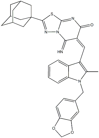 2-(1-adamantyl)-6-{[1-(1,3-benzodioxol-5-ylmethyl)-2-methyl-1H-indol-3-yl]methylene}-5-imino-5,6-dihydro-7H-[1,3,4]thiadiazolo[3,2-a]pyrimidin-7-one 结构式