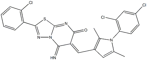 2-(2-chlorophenyl)-6-{[1-(2,4-dichlorophenyl)-2,5-dimethyl-1H-pyrrol-3-yl]methylene}-5-imino-5,6-dihydro-7H-[1,3,4]thiadiazolo[3,2-a]pyrimidin-7-one 结构式