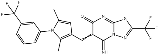 6-({2,5-dimethyl-1-[3-(trifluoromethyl)phenyl]-1H-pyrrol-3-yl}methylene)-5-imino-2-(trifluoromethyl)-5,6-dihydro-7H-[1,3,4]thiadiazolo[3,2-a]pyrimidin-7-one 结构式