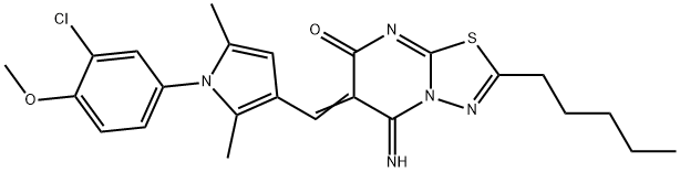 6-{[1-(3-chloro-4-methoxyphenyl)-2,5-dimethyl-1H-pyrrol-3-yl]methylene}-5-imino-2-pentyl-5,6-dihydro-7H-[1,3,4]thiadiazolo[3,2-a]pyrimidin-7-one 结构式