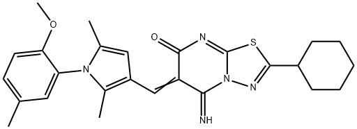 2-cyclohexyl-5-imino-6-{[1-(2-methoxy-5-methylphenyl)-2,5-dimethyl-1H-pyrrol-3-yl]methylene}-5,6-dihydro-7H-[1,3,4]thiadiazolo[3,2-a]pyrimidin-7-one 结构式