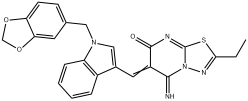 6-{[1-(1,3-benzodioxol-5-ylmethyl)-1H-indol-3-yl]methylene}-2-ethyl-5-imino-5,6-dihydro-7H-[1,3,4]thiadiazolo[3,2-a]pyrimidin-7-one 结构式