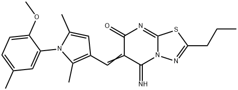 5-imino-6-{[1-(2-methoxy-5-methylphenyl)-2,5-dimethyl-1H-pyrrol-3-yl]methylene}-2-propyl-5,6-dihydro-7H-[1,3,4]thiadiazolo[3,2-a]pyrimidin-7-one 结构式