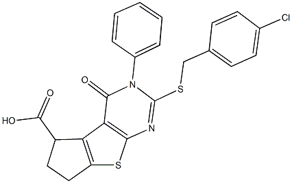 2-[(4-chlorobenzyl)sulfanyl]-4-oxo-3-phenyl-3,5,6,7-tetrahydro-4H-cyclopenta[4,5]thieno[2,3-d]pyrimidine-5-carboxylic acid 结构式