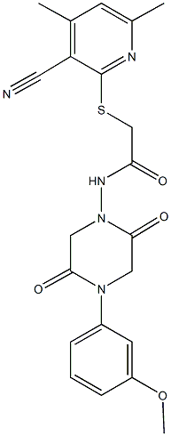 2-[(3-cyano-4,6-dimethyl-2-pyridinyl)sulfanyl]-N-[4-(3-methoxyphenyl)-2,5-dioxo-1-piperazinyl]acetamide 结构式