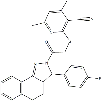 2-({2-[3-(4-fluorophenyl)-3,3a,4,5-tetrahydro-2H-benzo[g]indazol-2-yl]-2-oxoethyl}sulfanyl)-4,6-dimethylnicotinonitrile 结构式