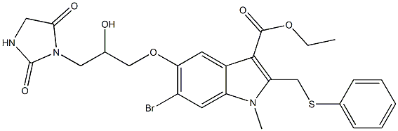 ethyl 6-bromo-5-[3-(2,5-dioxo-1-imidazolidinyl)-2-hydroxypropoxy]-1-methyl-2-[(phenylsulfanyl)methyl]-1H-indole-3-carboxylate 结构式