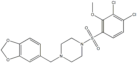 6-{[4-(1,3-benzodioxol-5-ylmethyl)-1-piperazinyl]sulfonyl}-2,3-dichlorophenyl methyl ether 结构式