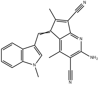 2-amino-4,6-dimethyl-5-[(1-methyl-1H-indol-3-yl)methylene]-5H-cyclopenta[b]pyridine-3,7-dicarbonitrile 结构式