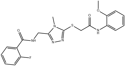 2-fluoro-N-[(5-{[2-(2-methoxyanilino)-2-oxoethyl]sulfanyl}-4-methyl-4H-1,2,4-triazol-3-yl)methyl]benzamide 结构式