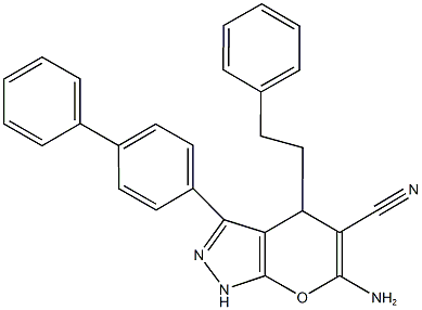 6-amino-3-[1,1'-biphenyl]-4-yl-4-(2-phenylethyl)-1,4-dihydropyrano[2,3-c]pyrazole-5-carbonitrile 结构式