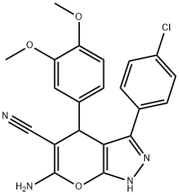 6-amino-3-(4-chlorophenyl)-4-(3,4-dimethoxyphenyl)-1,4-dihydropyrano[2,3-c]pyrazole-5-carbonitrile 结构式