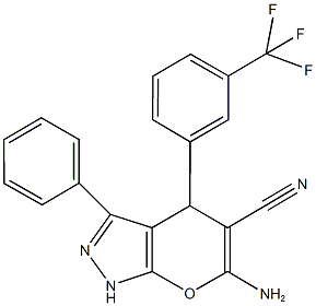 6-amino-3-phenyl-4-[3-(trifluoromethyl)phenyl]-1,4-dihydropyrano[2,3-c]pyrazole-5-carbonitrile 结构式