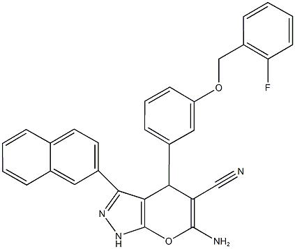 6-amino-4-{3-[(2-fluorobenzyl)oxy]phenyl}-3-(2-naphthyl)-1,4-dihydropyrano[2,3-c]pyrazole-5-carbonitrile 结构式